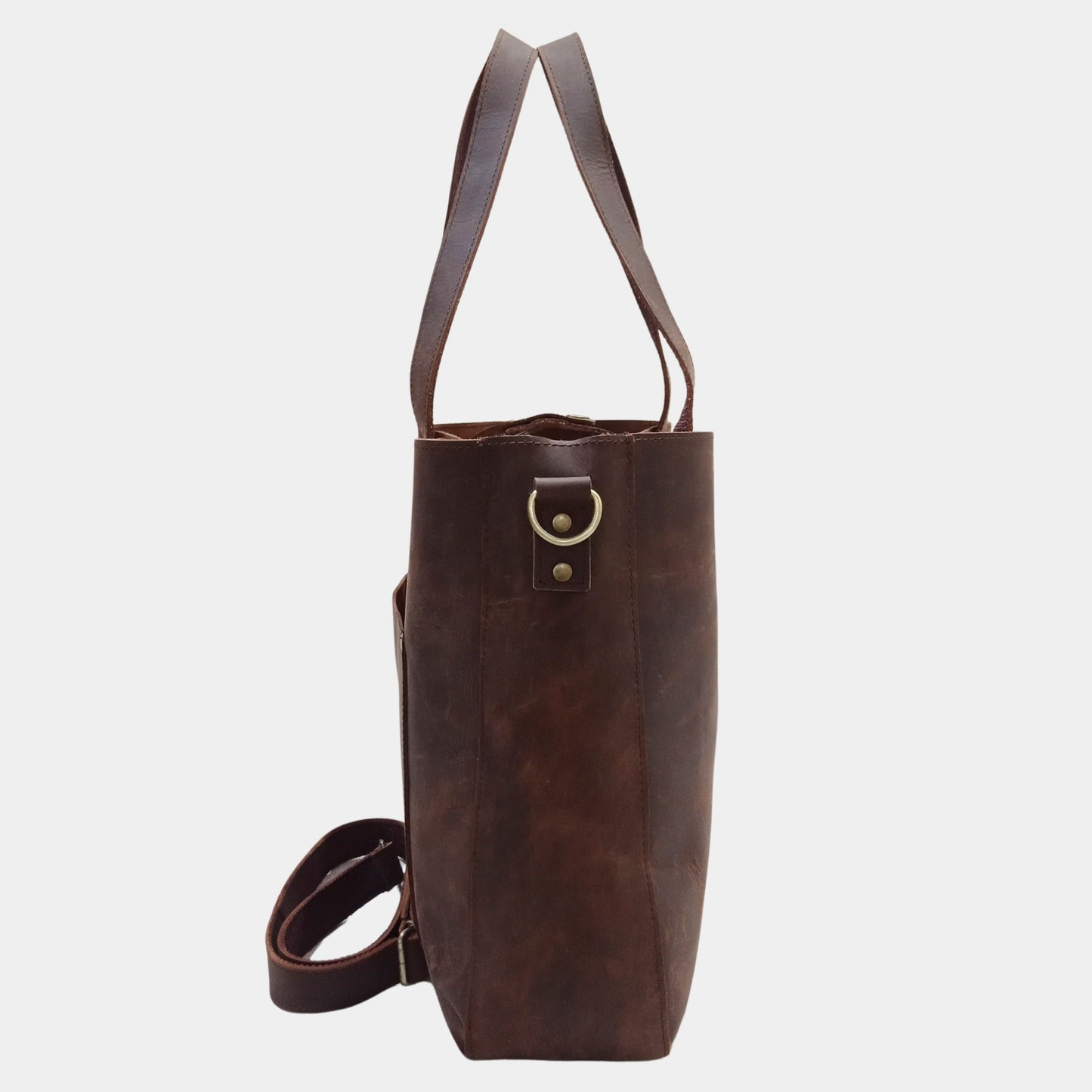Side view of Ivy leather brown office bag showing classic brass hooks and removable straps