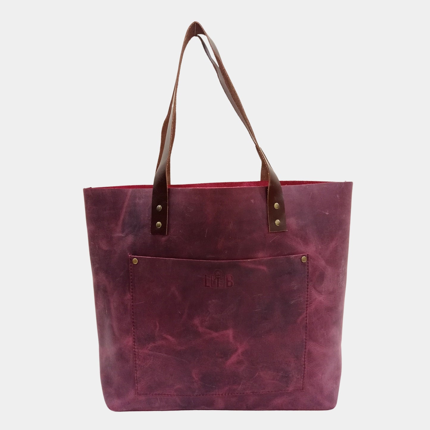 Vibrant burgundy Work leather tote by LTB store Australia with front pocket and spacious open compartment