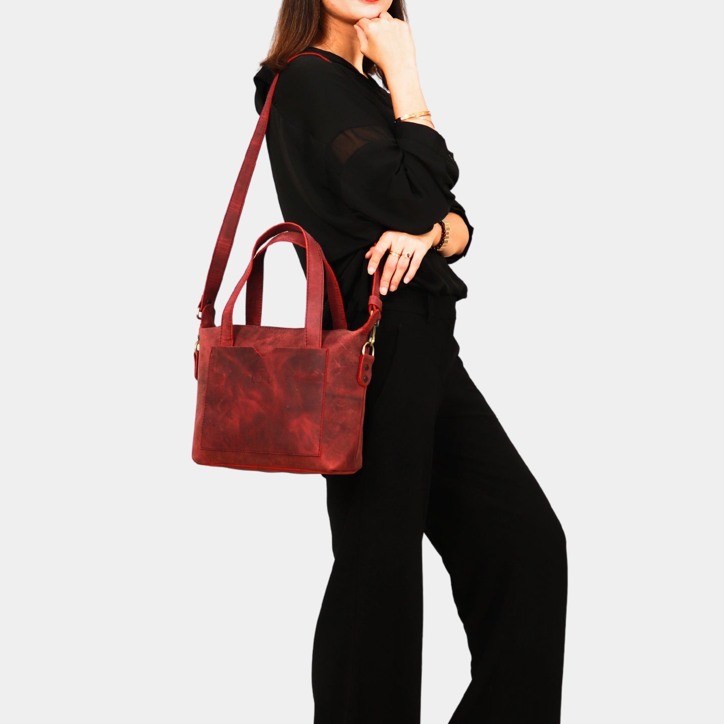 Girl Slinging Zipper Leather Tote Bag by LTB using adjustable & removable Leather straps