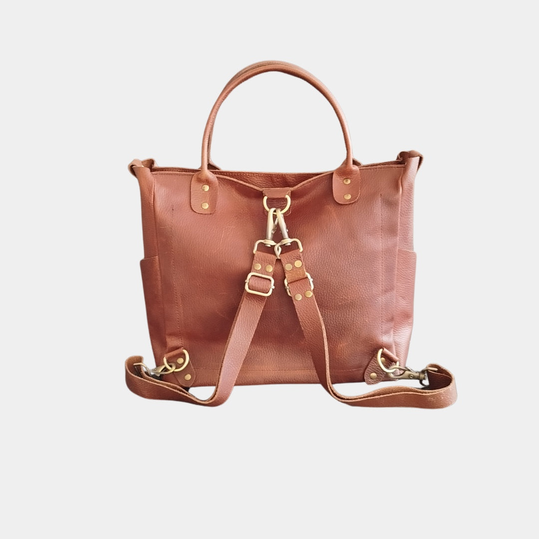 Premium Bella Leather Tote Backpack, showcasing the natural beauty of full-grain leather