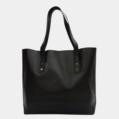 Back side of roomy black hazel leather tote by LTB store Australia with large handles