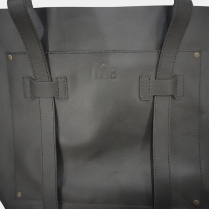 Close front view of Large black leather tote by LTB Australia with a spacious hanging pocket inside