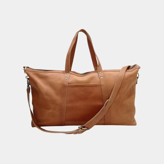 Large Brown Travel Leather Tote Bag for Australians with ergonomically designed soft handles and removable strap