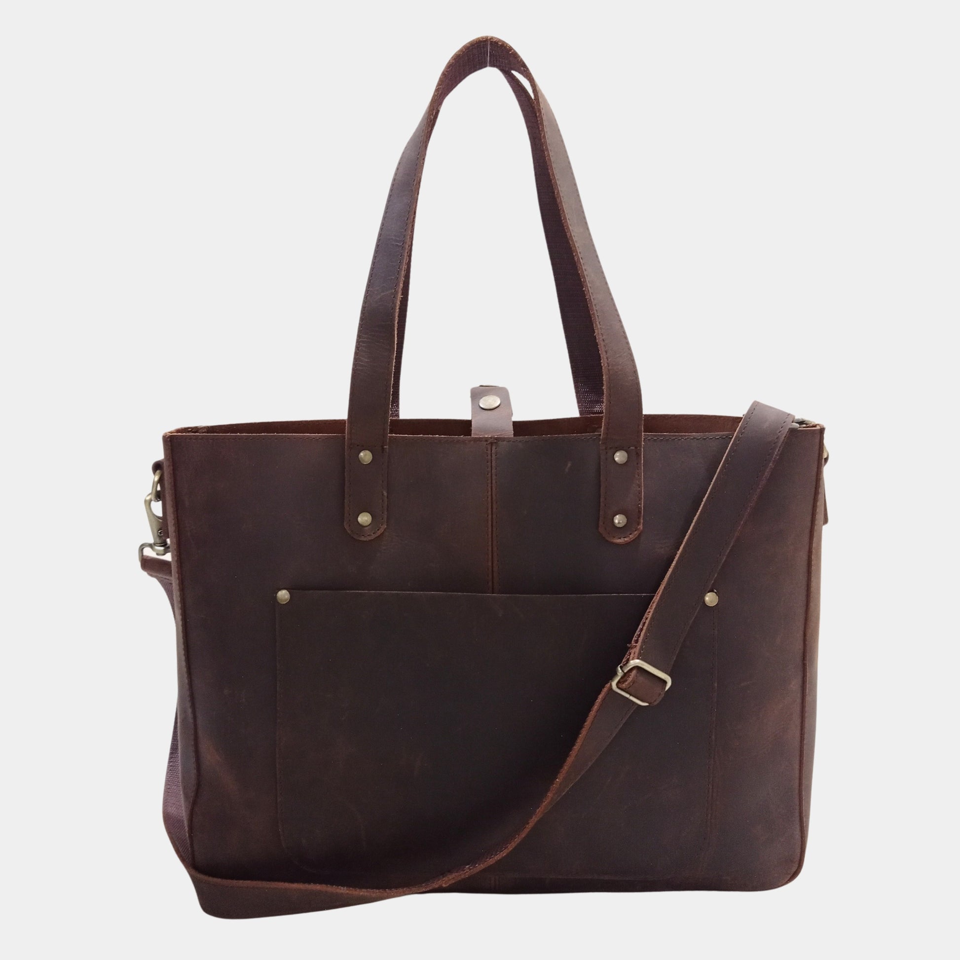 Classic Brown Work Leather Tote with front pocket and snap button top closure brass hardware