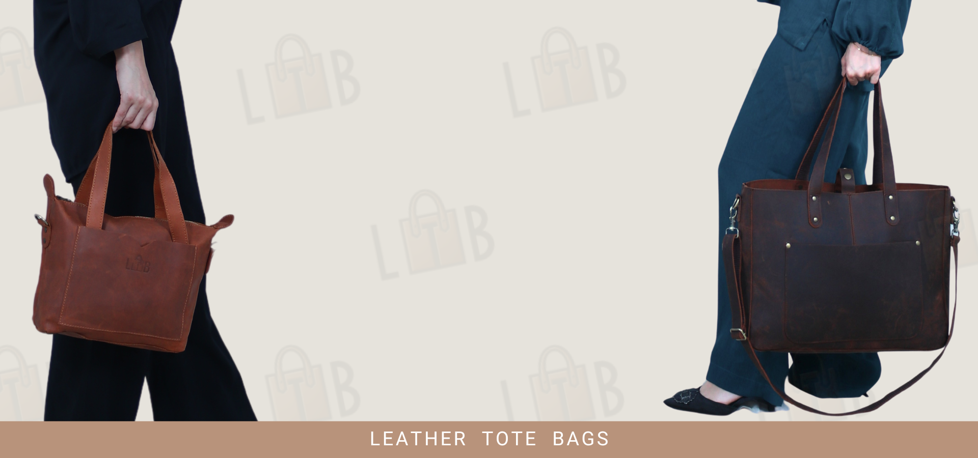 Premium brown leather tote bags, highlighting the natural grain and durability