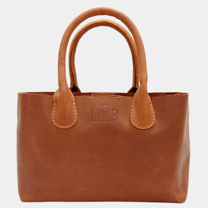 Small handy brown leather tote bag with soft reinforced handles providing comfortable grip 