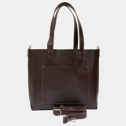 Elegant Dark Brown Large Tote Bag with adjustable and removable straps placed in front 