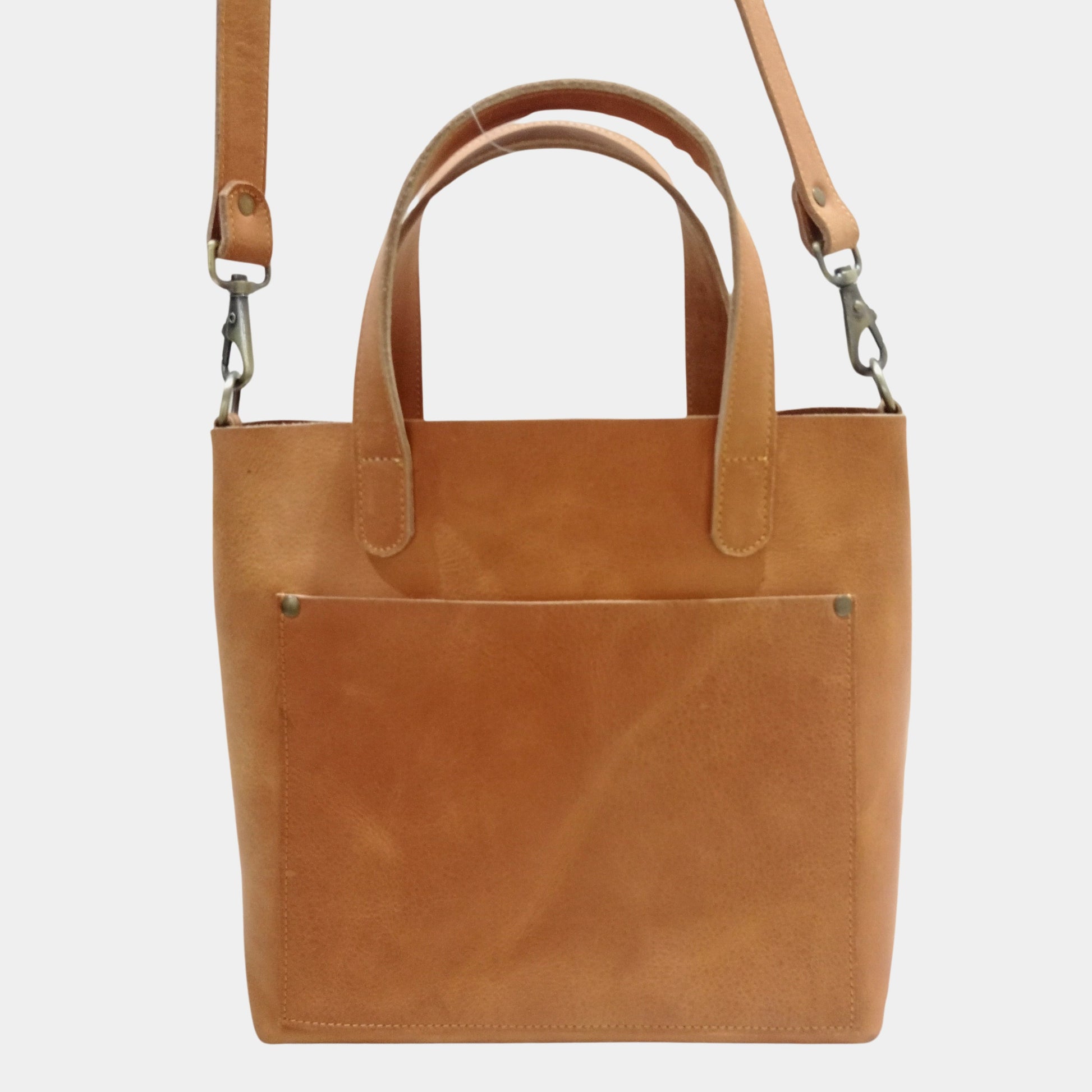 Brown Work Leather Tote Bag with front pocket and elegant brass hardware perfect bag for office