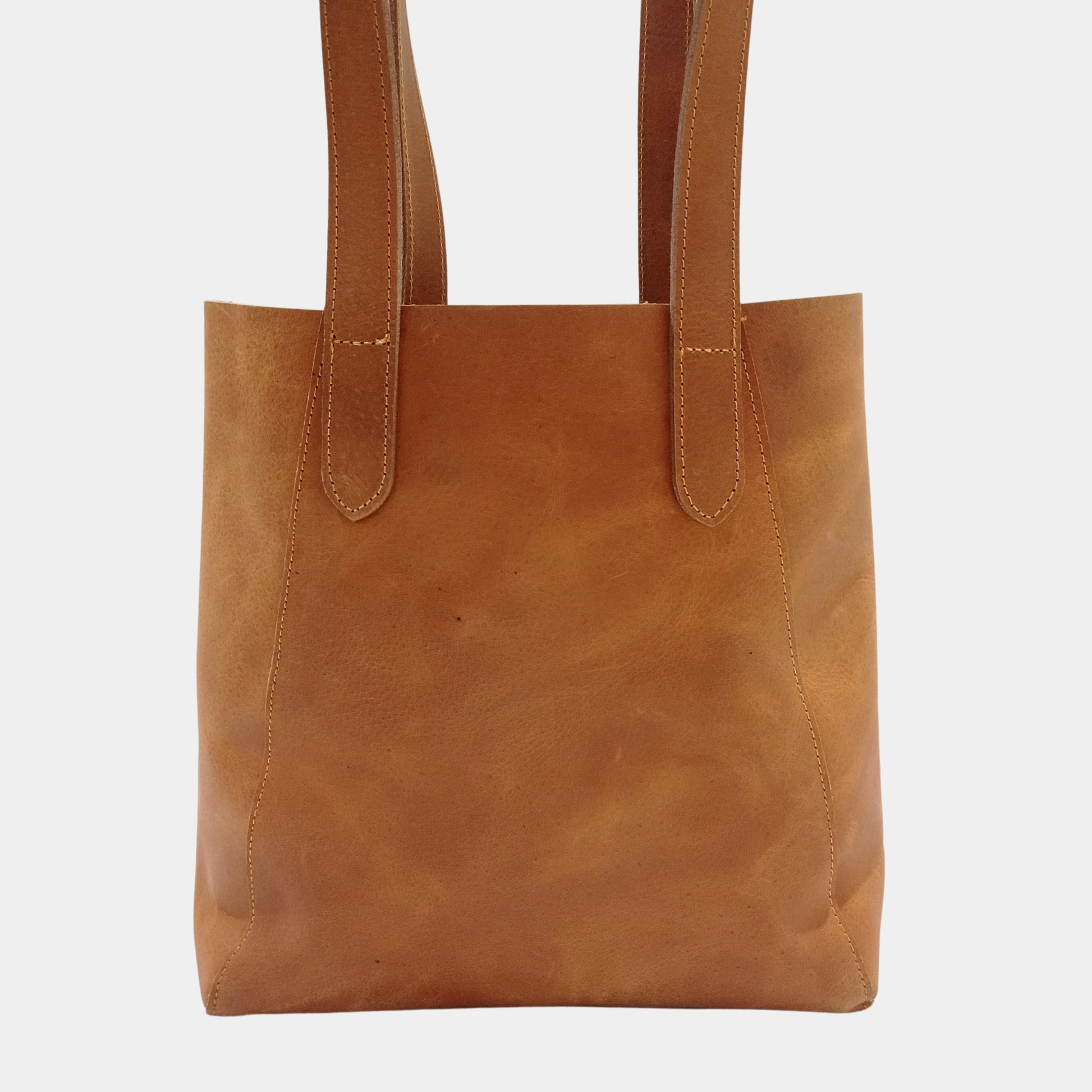 Back side of Small Brown Tote bag with large dual lined straps