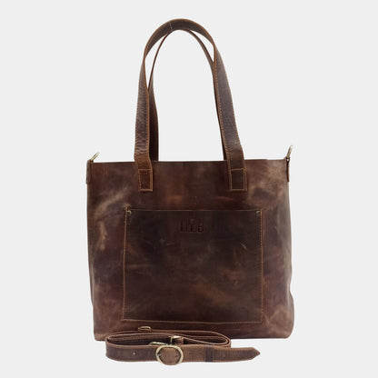 Stylish dark brown work leather tote with large front pocket using full grain crazy horse leather