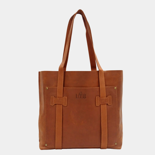 Classic Large Brown Leather Tote Bag with long shoulder straps front pockets and detailed stitching 