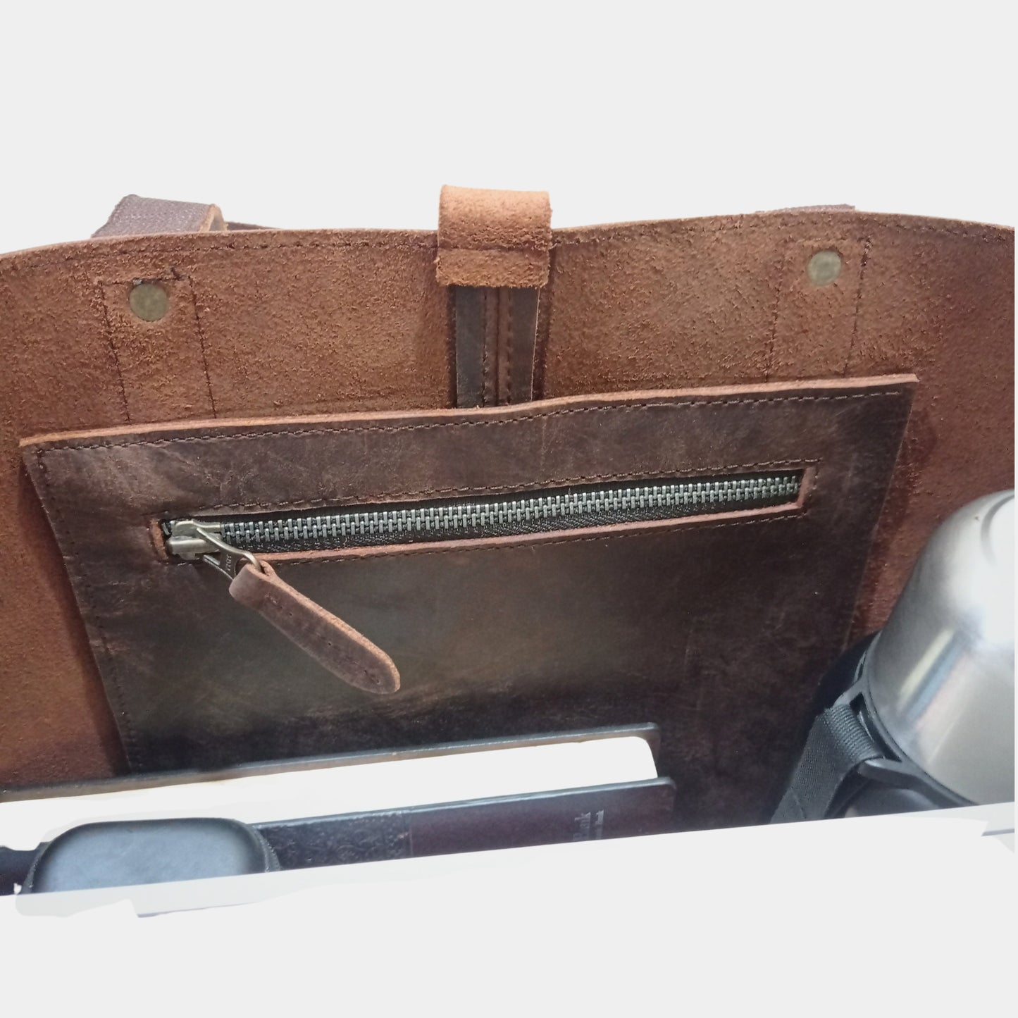 Inner zipper organization pocket of Brown Work Tote with soft and sturdy unlined interior