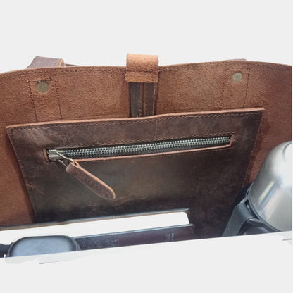 Inner zipper organization pocket of Brown Work Tote with soft and sturdy unlined interior